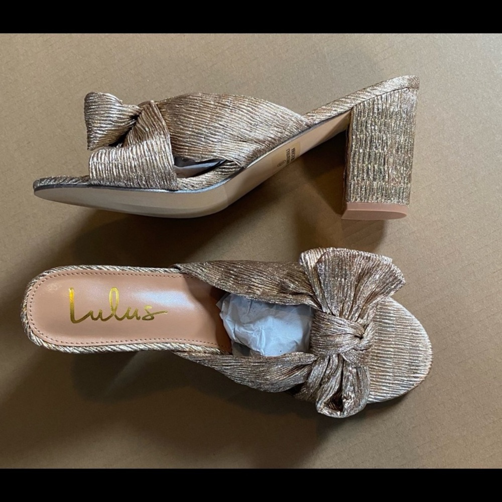 New Lulus Dorothea Metallic Rose Gold Bow Slip On Block Heel Size 10 - Picture 5 of 8